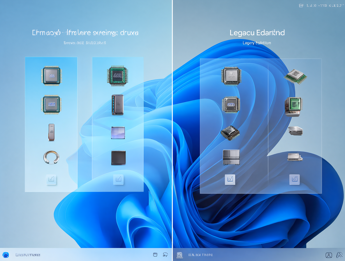 Futuristic UI concept art of a hypothetical Windows 12 operating system with relaxed hardware requirements and legacy support.