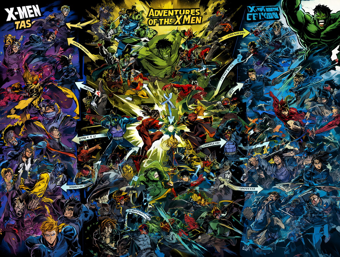 Diagrama visual que ilustra la red compleja de continuidad entre las series animadas de X-Men, sus versiones en cómic y el universo cinematográfico.