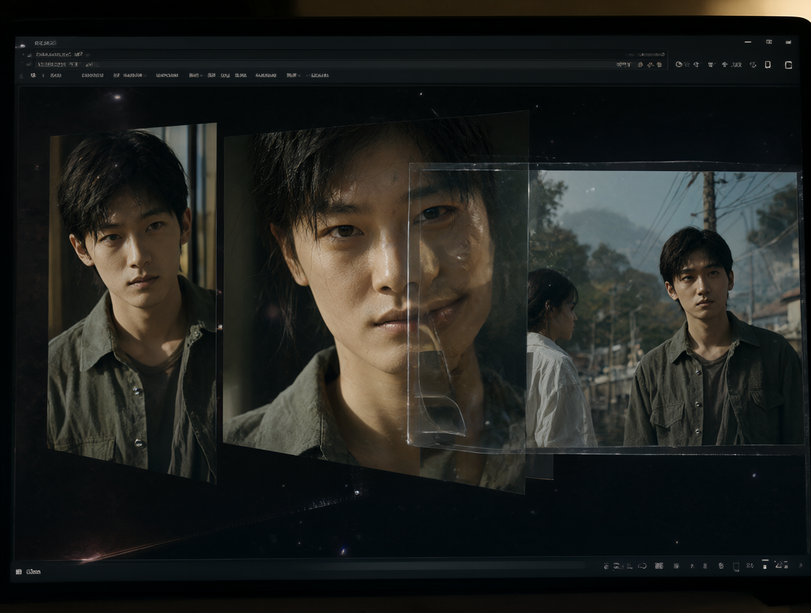 Pantalla mostrando una transición cinematográfica desde un retrato vertical a una composición horizontal completa.