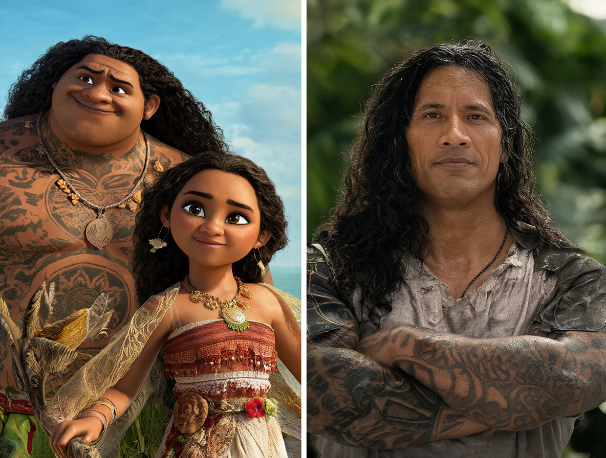 Imagen dividida mostrando a los personajes originales y la versión en vivo del remake.