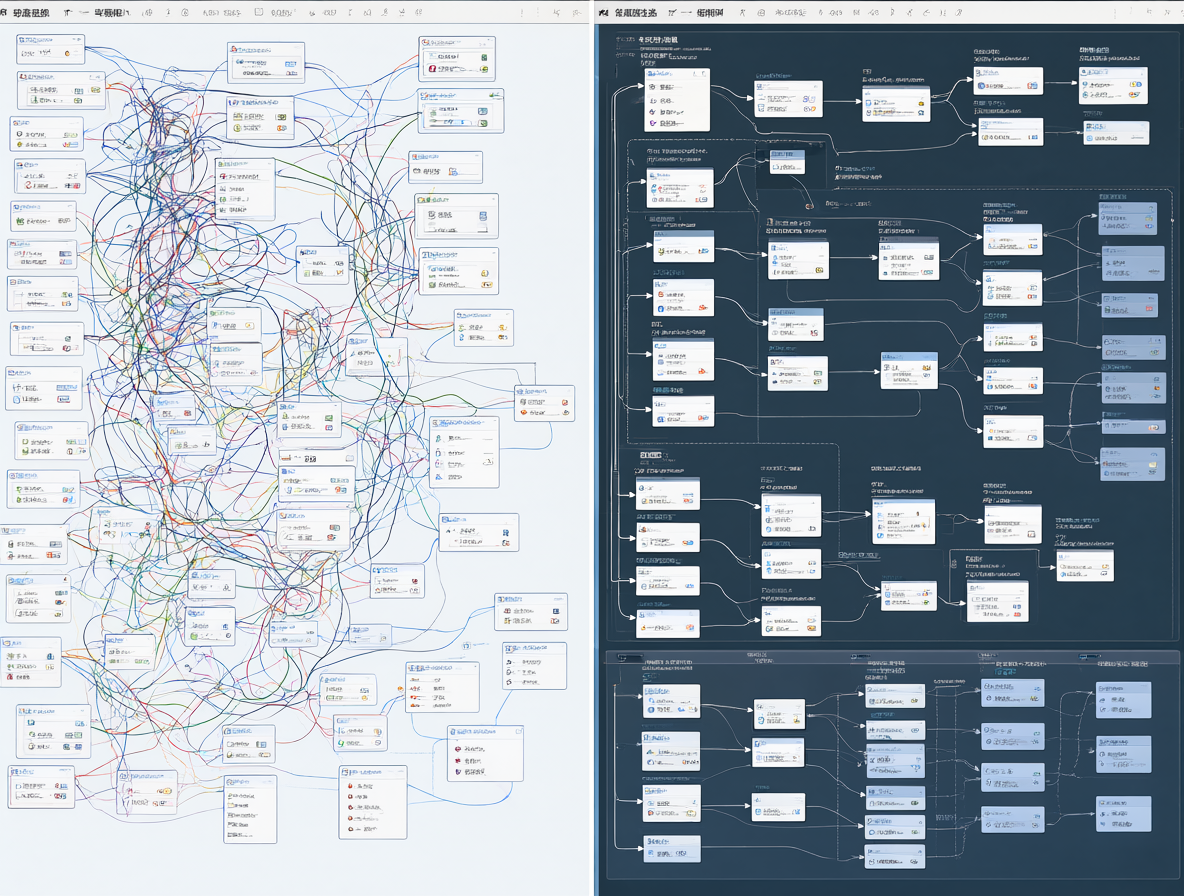 Diagrama mostrando la diferencia entre un flujo de trabajo caótico y una versión organizada con agrupaciones claras.