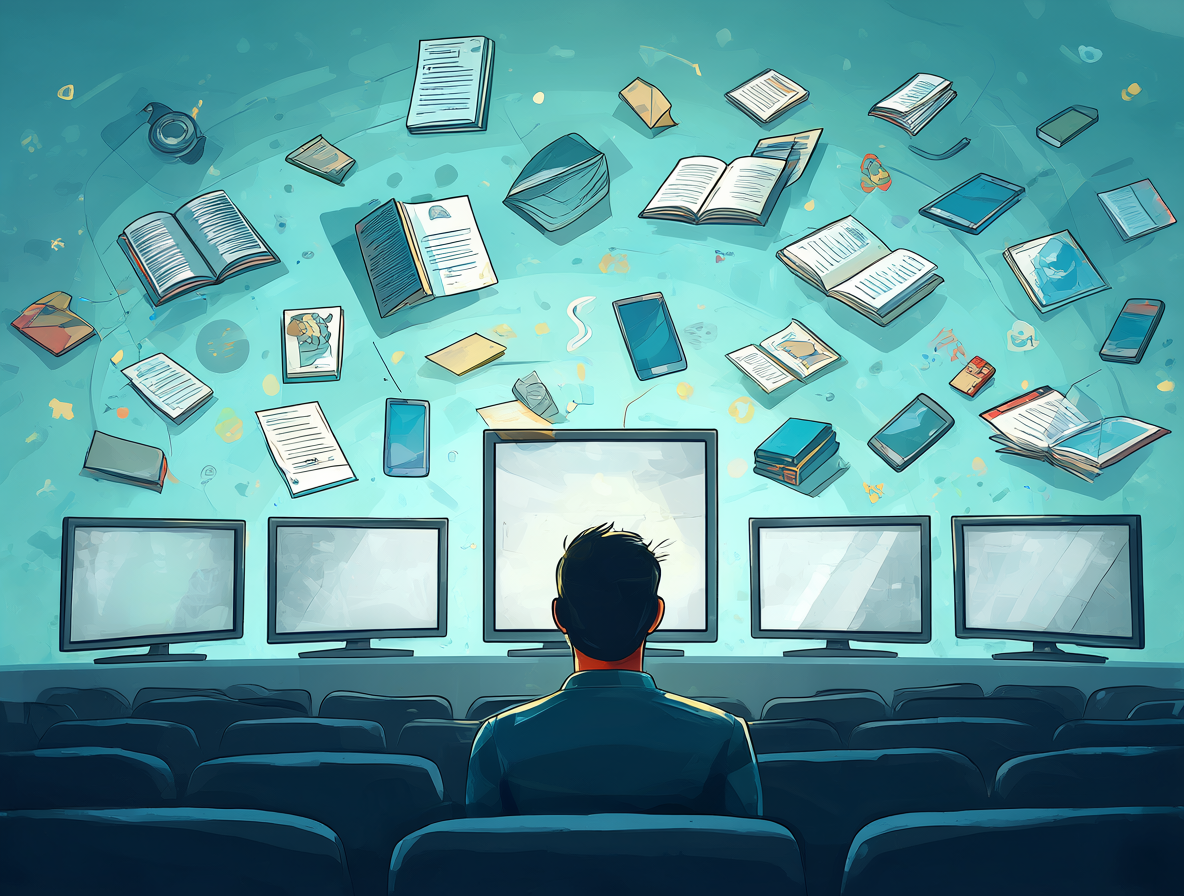 Un espectador rodeado de iconos que representan libros, teléfonos y plataformas digitales frente a pantallas de televisión.