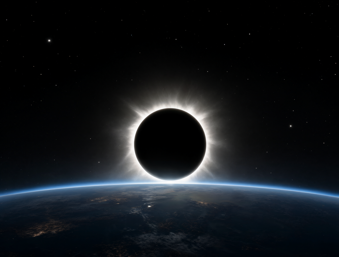 Vista del cielo mostrando el Sol cubierto por la Luna durante un eclipse solar total, con una corona brillante visible alrededor.