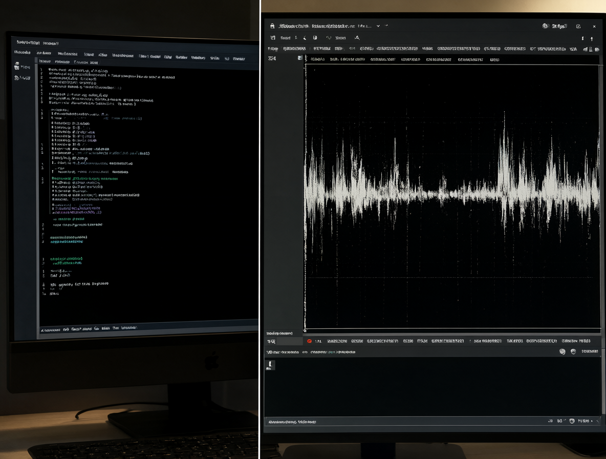 Monitor dividido mostrando una terminal ejecutando ffprobe y una ventana con metadatos de video y un diagrama de onda de audio.