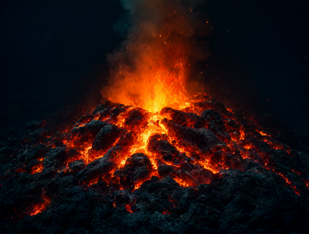 Volcanismo submarino profundo con lava fundida y almohadas de lava