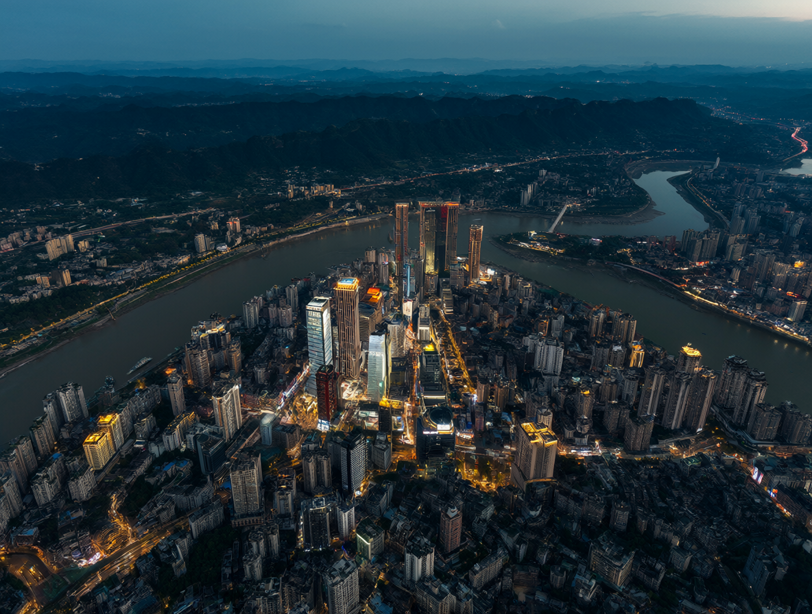 Vista nocturna del skyline de Chongqing mostrando su verticalidad.