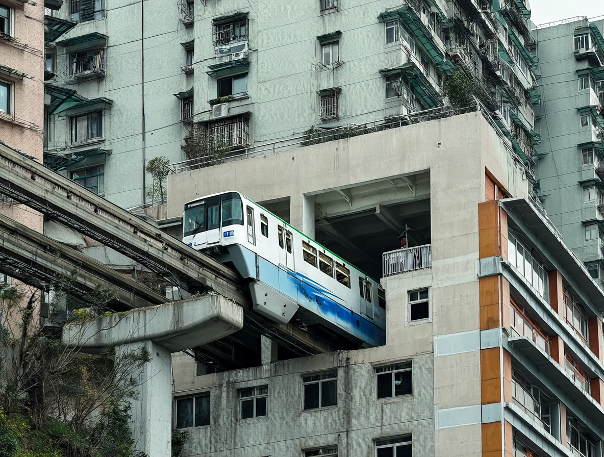 Estación de Liziba con el tren pasando por dentro de un bloque habitacional.