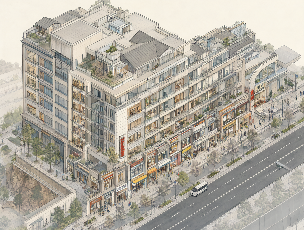 Ilustración isométrica de un edificio con locales comerciales a gran altura sobre un desnivel.