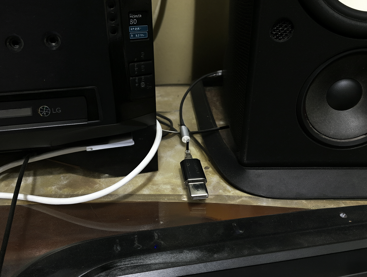 A view of an LG TV connected via optical cable to an external USB sound card, alongside a desktop PC and Logitech Z607 speakers.