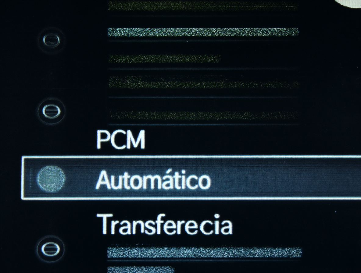 A screen capture of a digital television's sound output settings, showing the selection of different audio formats like PCM, Auto, and Transferencia.