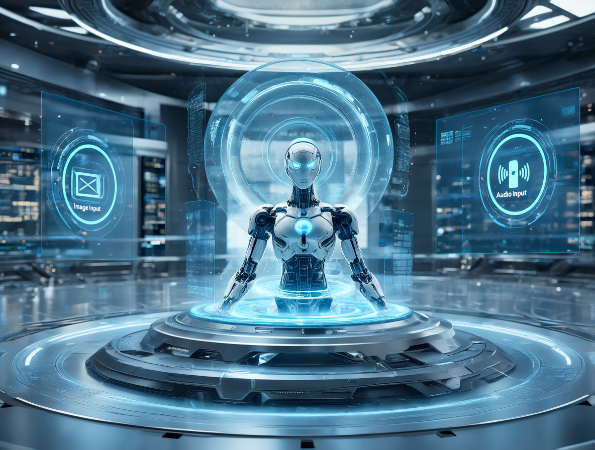 Un estudio futurista donde un avatar digital procesa una entrada de imagen y de audio para generar un video.
