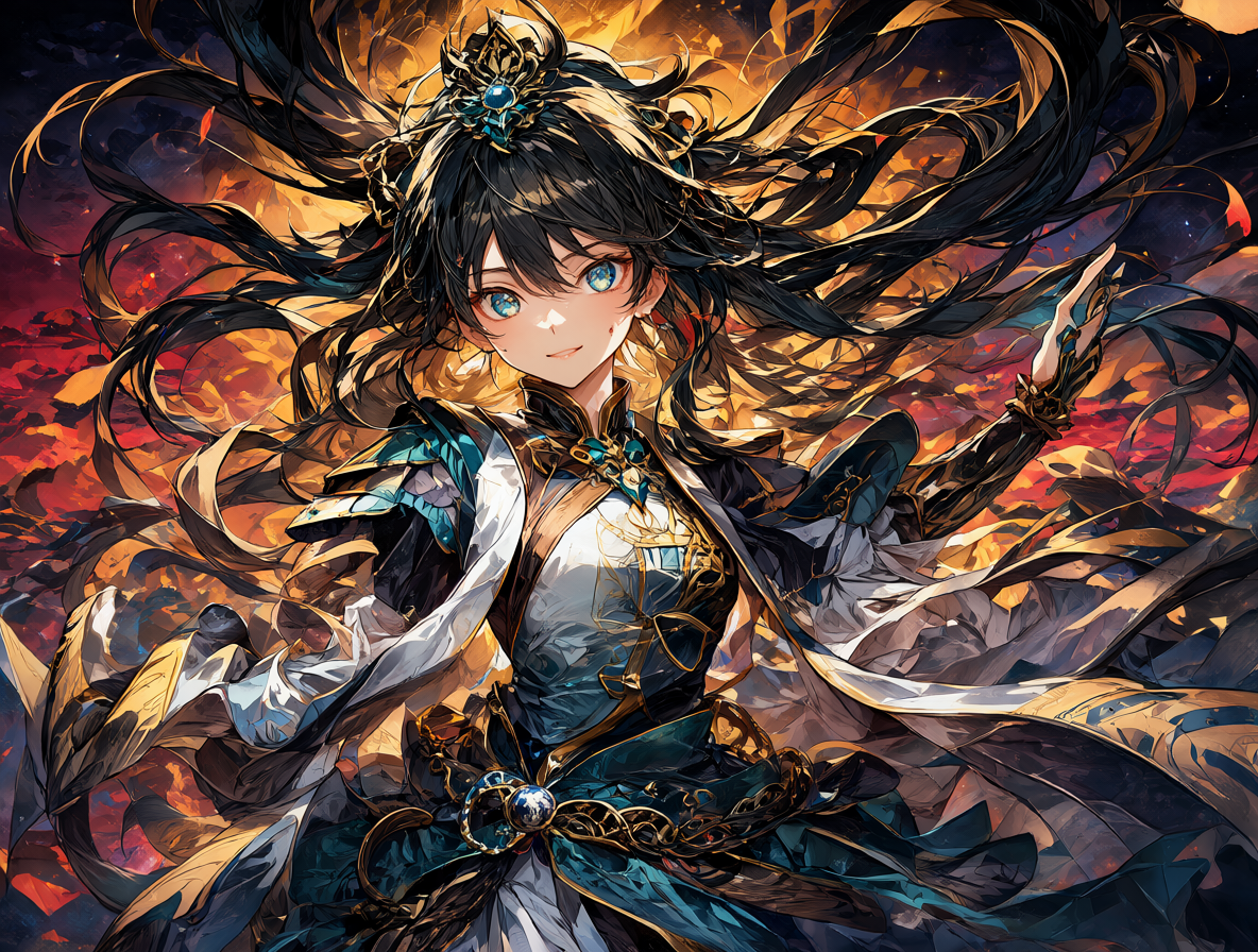 Un personaje de anime en una pose dinámica con iluminación dramática y detalles complejos.