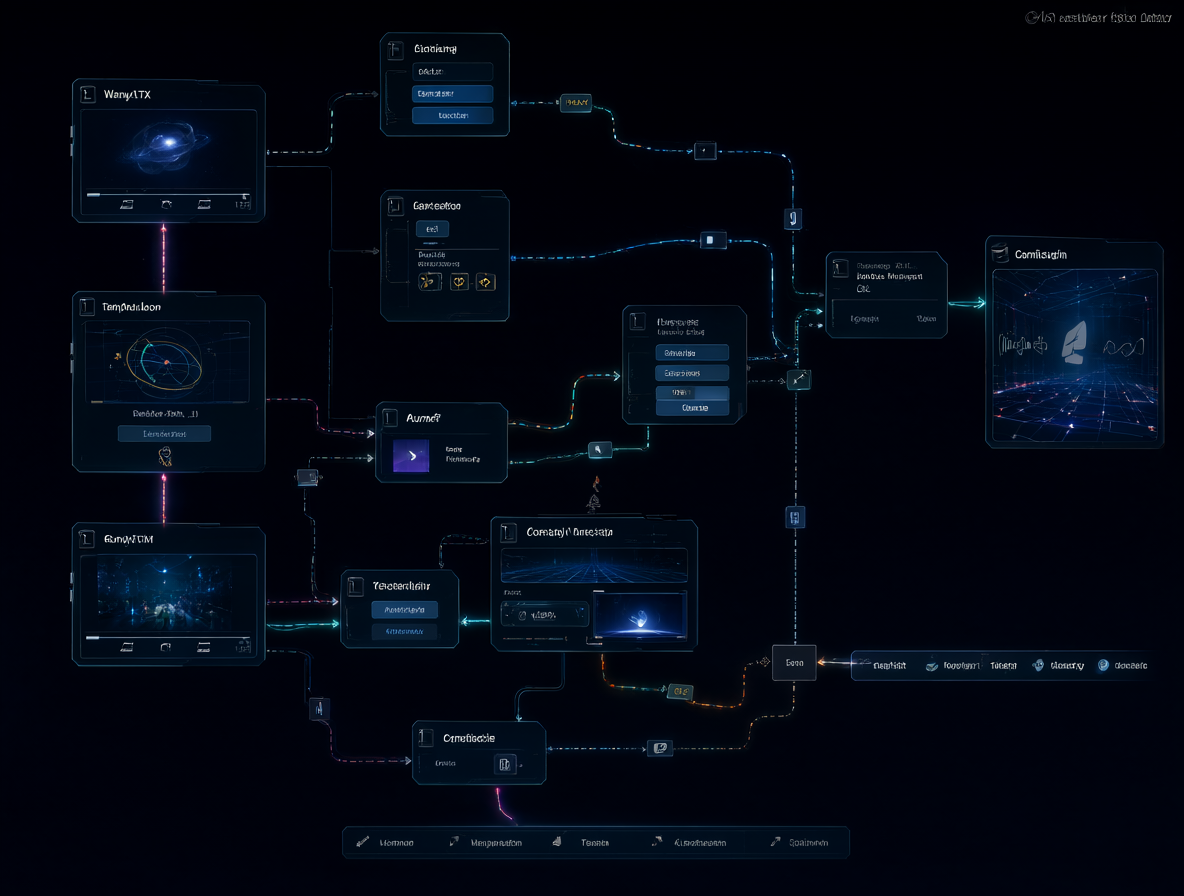 Diagrama técnico mostrando nodos de IA conectados para generar video y audio simultáneamente.