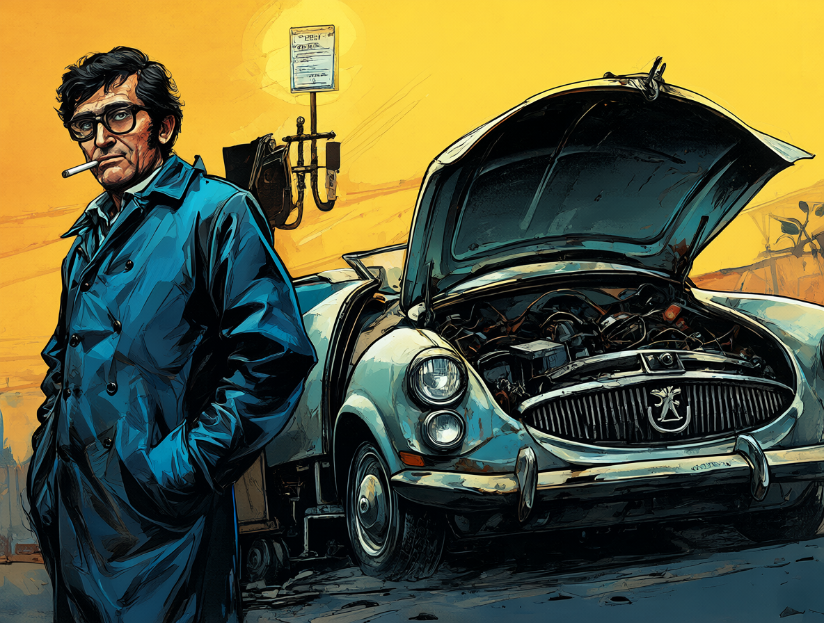 Ilustración vibrante de Peter Falk como el detective Columbo con su uniforme y Peugeot clásico.