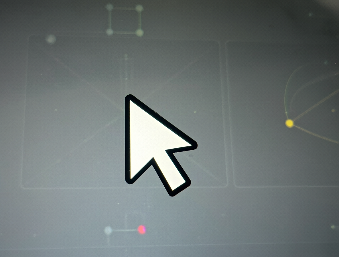 Close-up of a digital interface showing the mouse pointer transformed into a cartoonish hand icon against a blurred background of nodes.