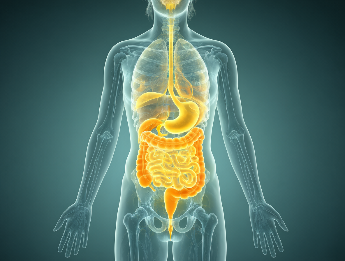 Ilustración de un cuerpo humano sano con un brillo suave en el sistema digestivo liberando una sustancia inofensiva.