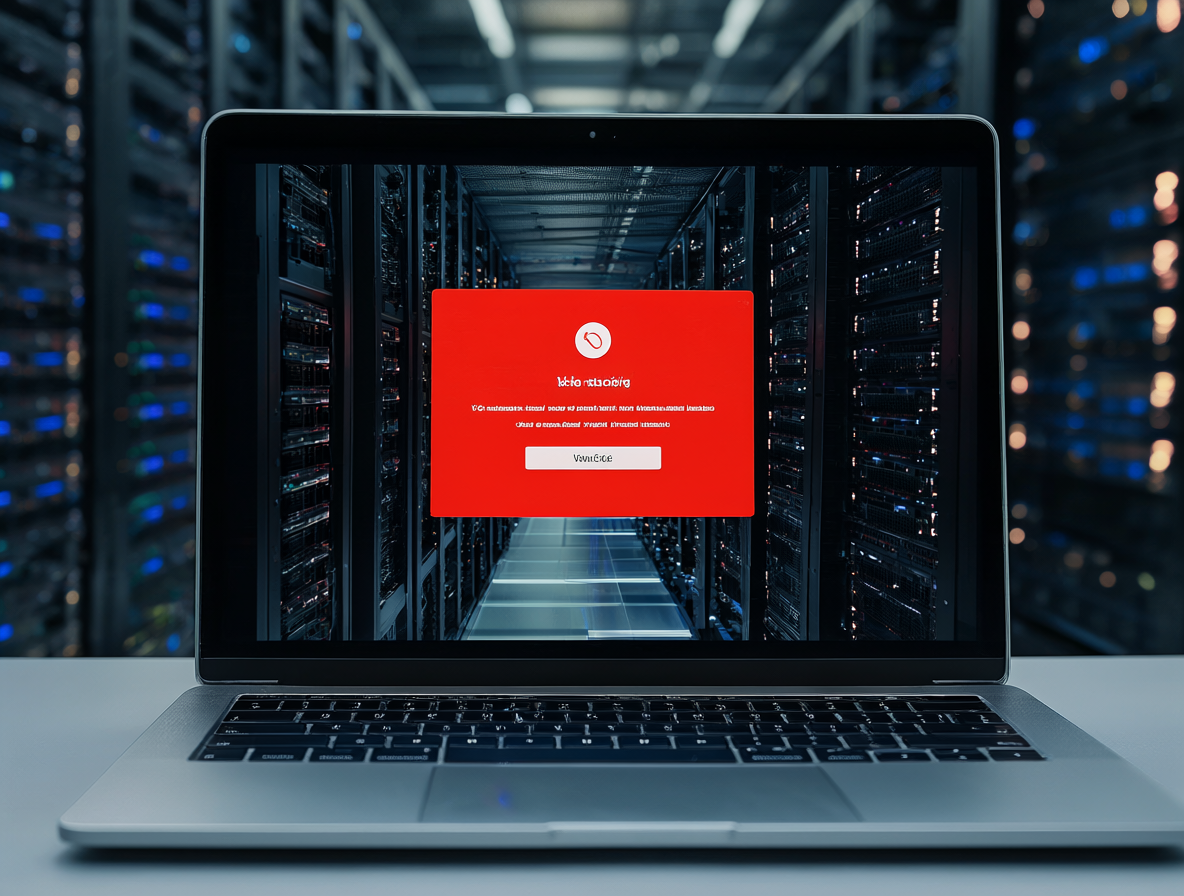 Laptop mostrando un mensaje de error sobre una red de servidores