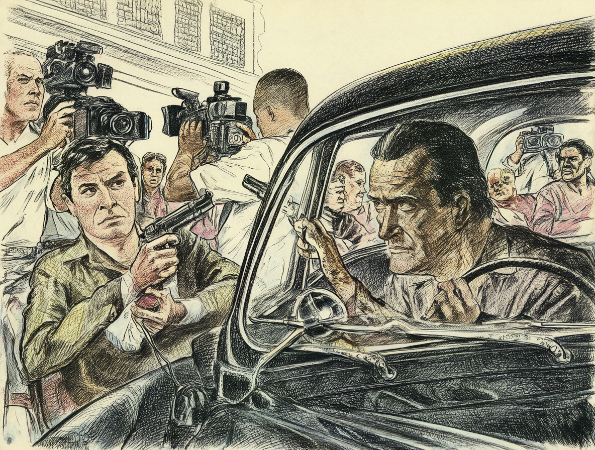 Ilustración histórica de Alejandrina Cox en su Renault y el general Carlos Prats durante el incidente del 27 de junio de 1973, rodeados por una multitud.