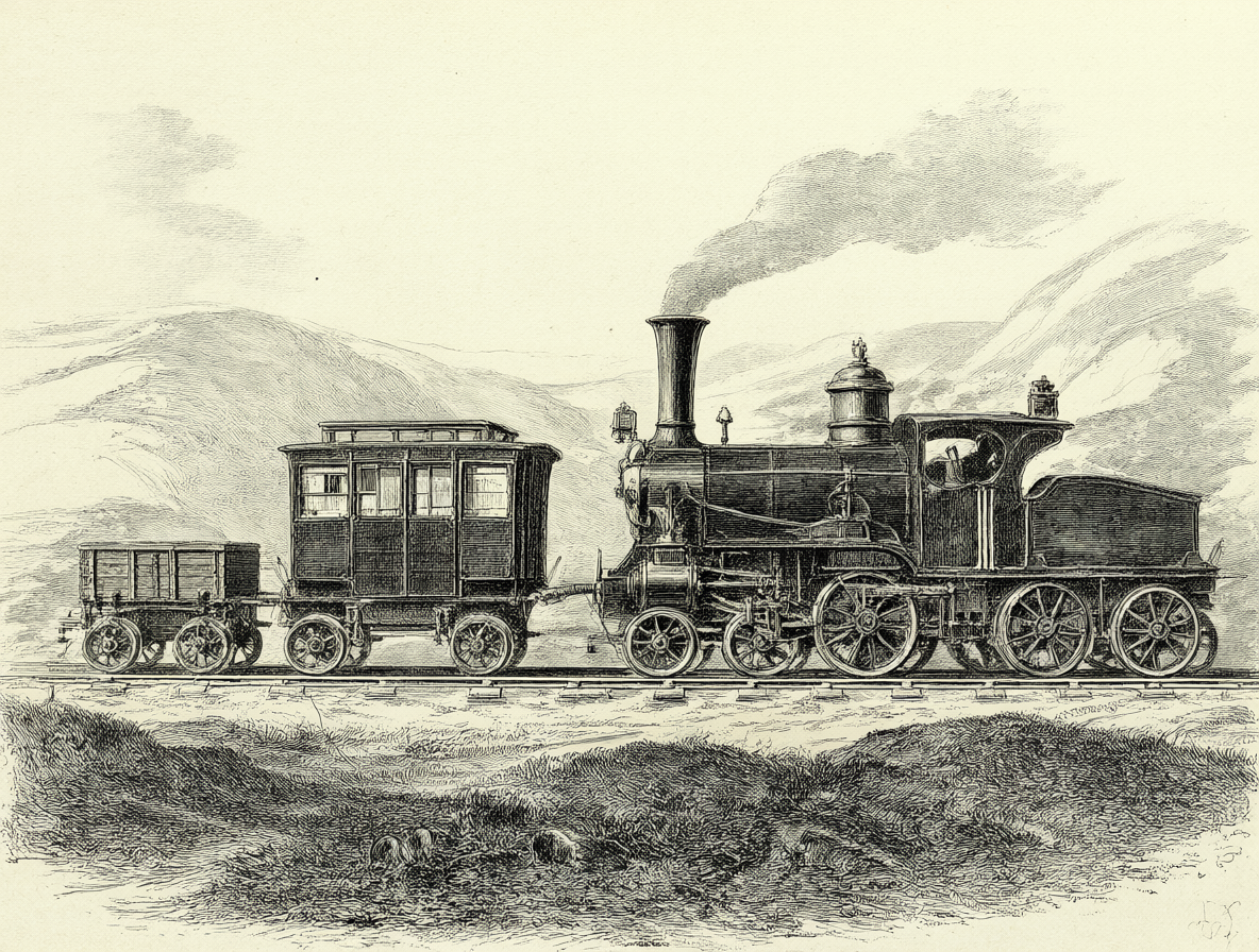 Ilustración detallada de un tren antiguo en un paisaje histórico.