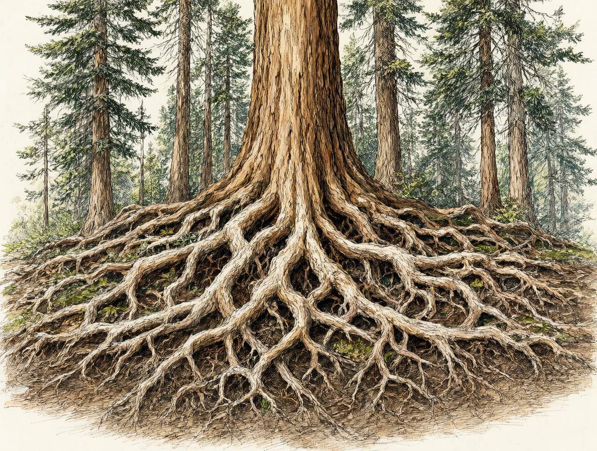 Ilustración detallada mostrando el sistema de raíces laterales de una secuoya gigante y su conexión con árboles vecinos.