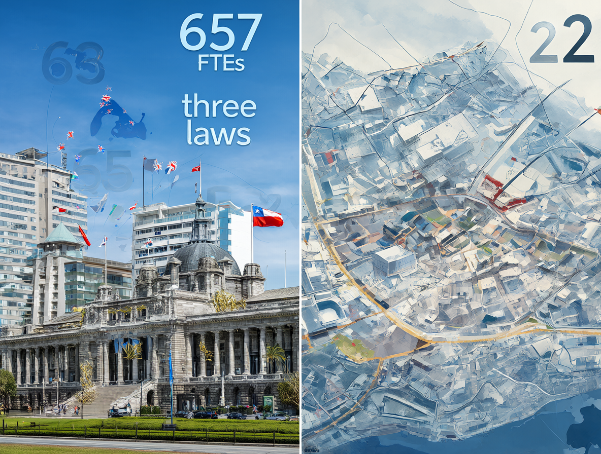 Imagen dividida mostrando edificios del parlamento neozelandés con datos flotantes a la izquierda, y un gráfico administrativo abstracto de Chile a la derecha.