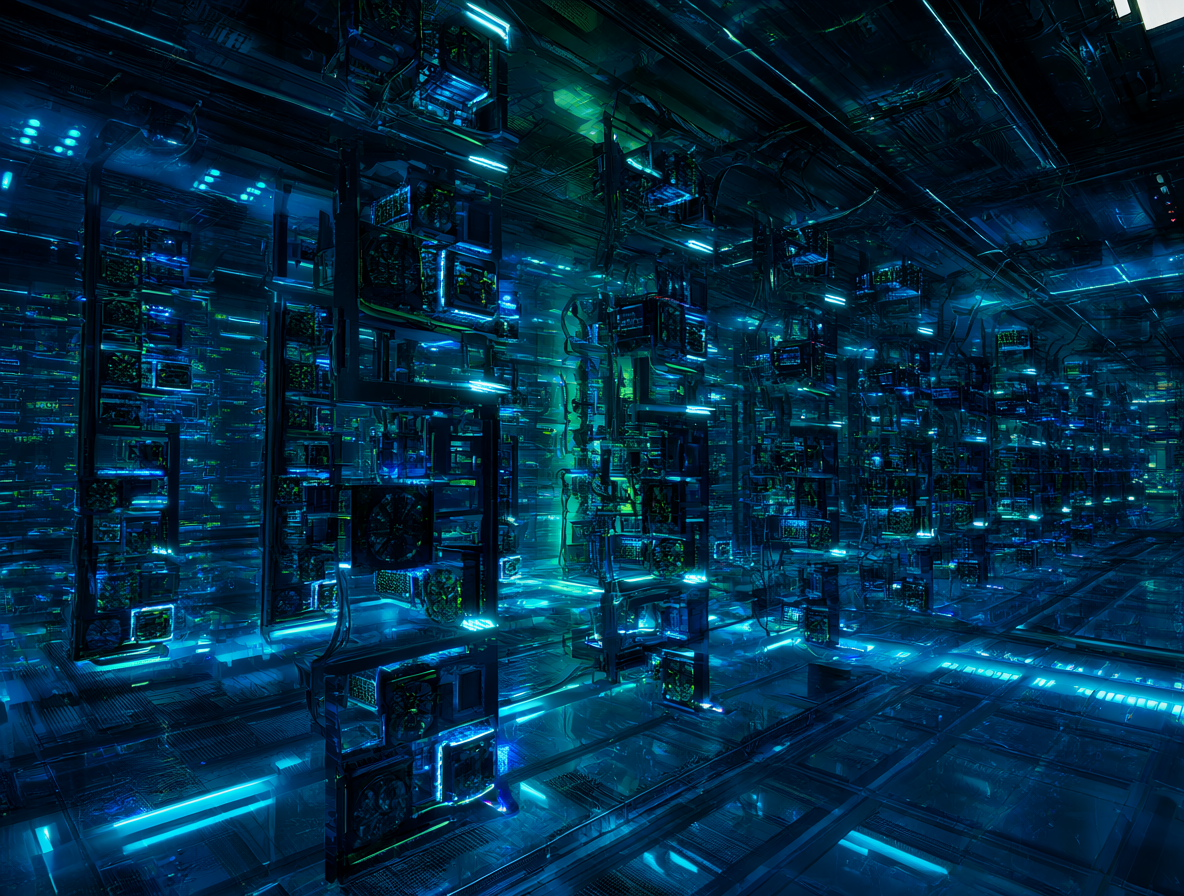 Un centro de datos con servidores y luces de procesamiento avanzado.