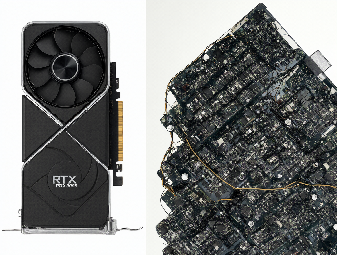 Una RTX 3090 contrastada con múltiples GPUs MI355X en un entorno industrial.