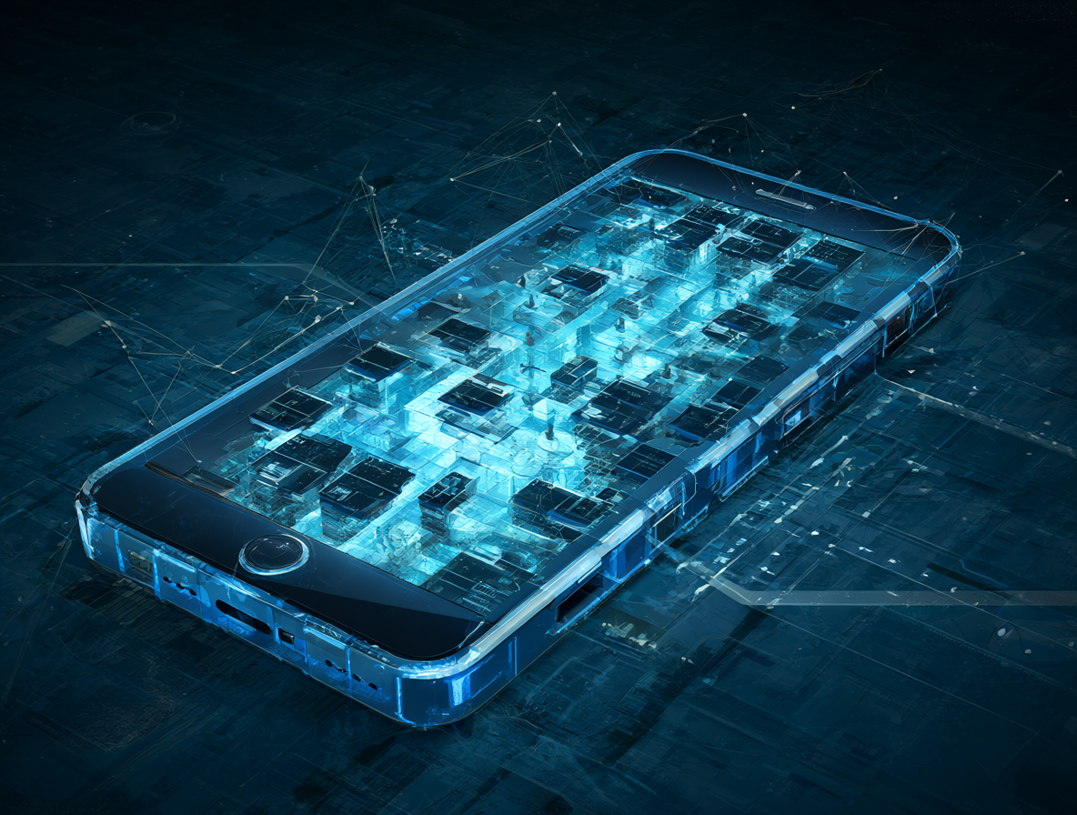 Un smartphone rodeado por elementos abstractos de procesamiento de IA.
