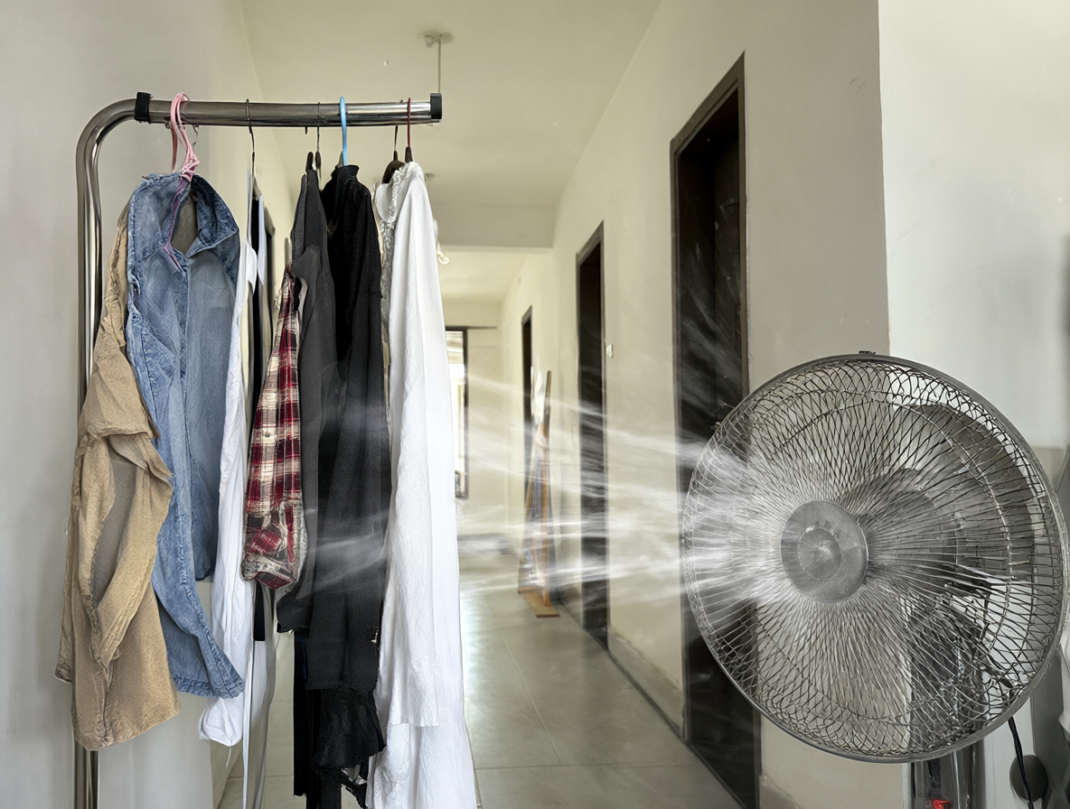 Clothes drying in a hallway with a fan nearby.