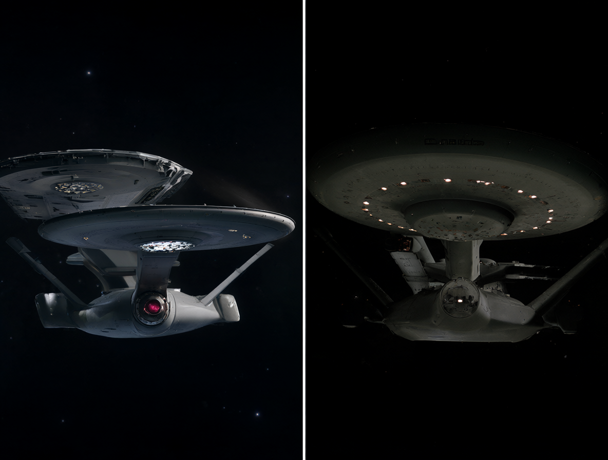 Imagen comparativa mostrando las diferencias en el diseño de la nave espacial entre la serie moderna y el piloto histórico.