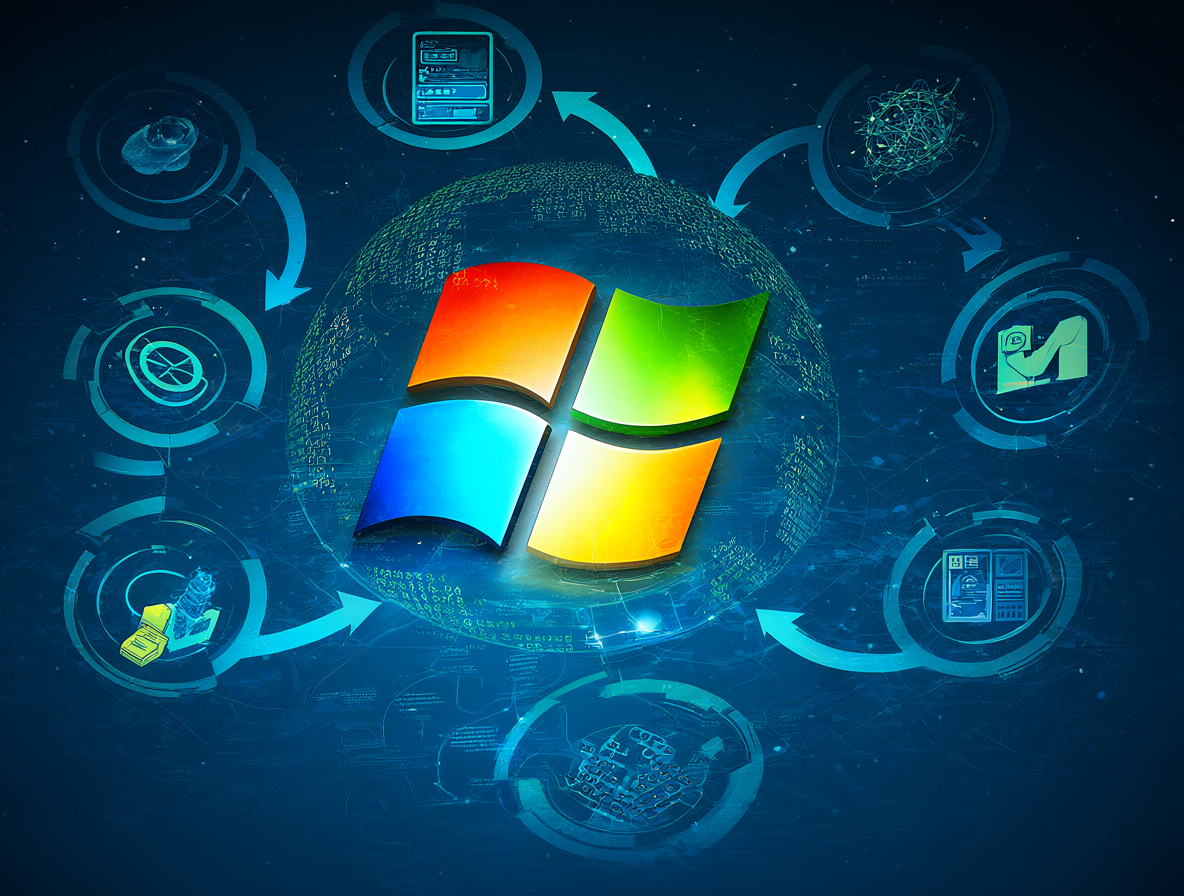 Ilustración técnica de agentes de IA escaneando el kernel de Windows para detectar fallos complejos.