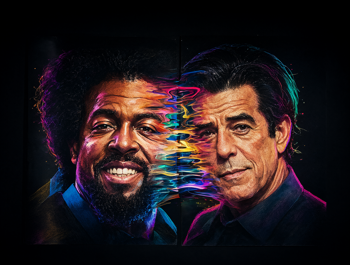 Imagen de una fusión visual entre dos figuras musicales representando un mashup creativo.