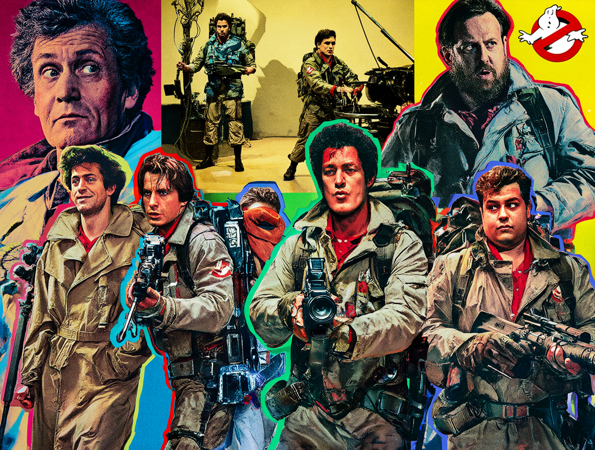 Collage de Peter Falk, los Ghostbusters y John Candy en una ilustración pop-art de los años 80
