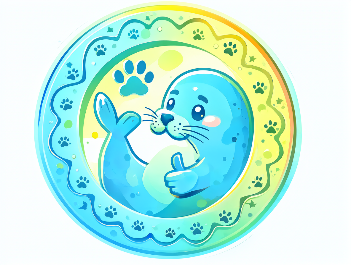 A circular digital badge showing a cute seal character giving a thumbs-up, decorated with paw prints in bright blue and green colors.