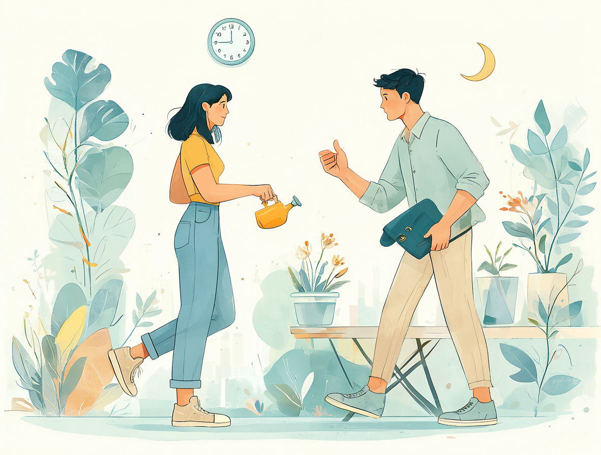 Ilustración de una pareja compartiendo tareas del hogar y equilibrando la vida personal con el trabajo profesional.