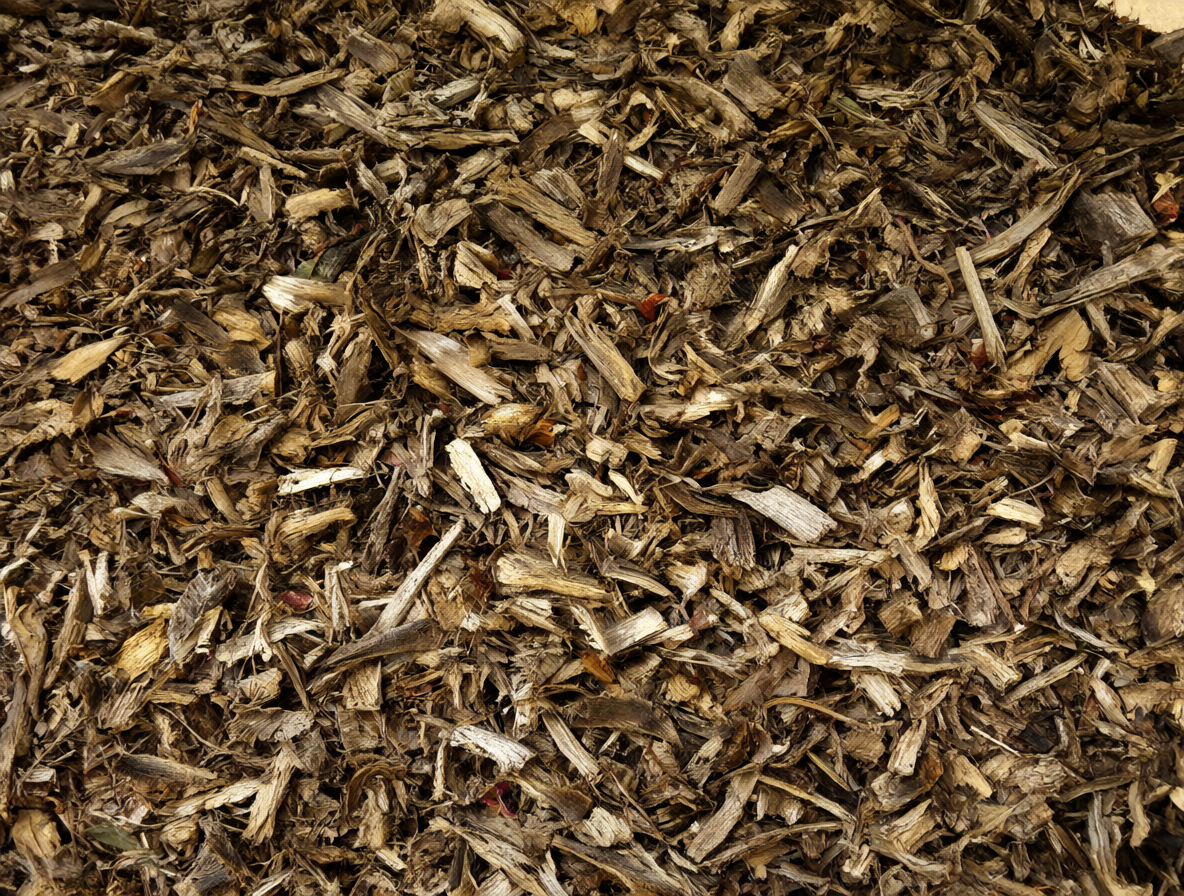 Mulch de ramas trituradas cubriendo el suelo del jardín.