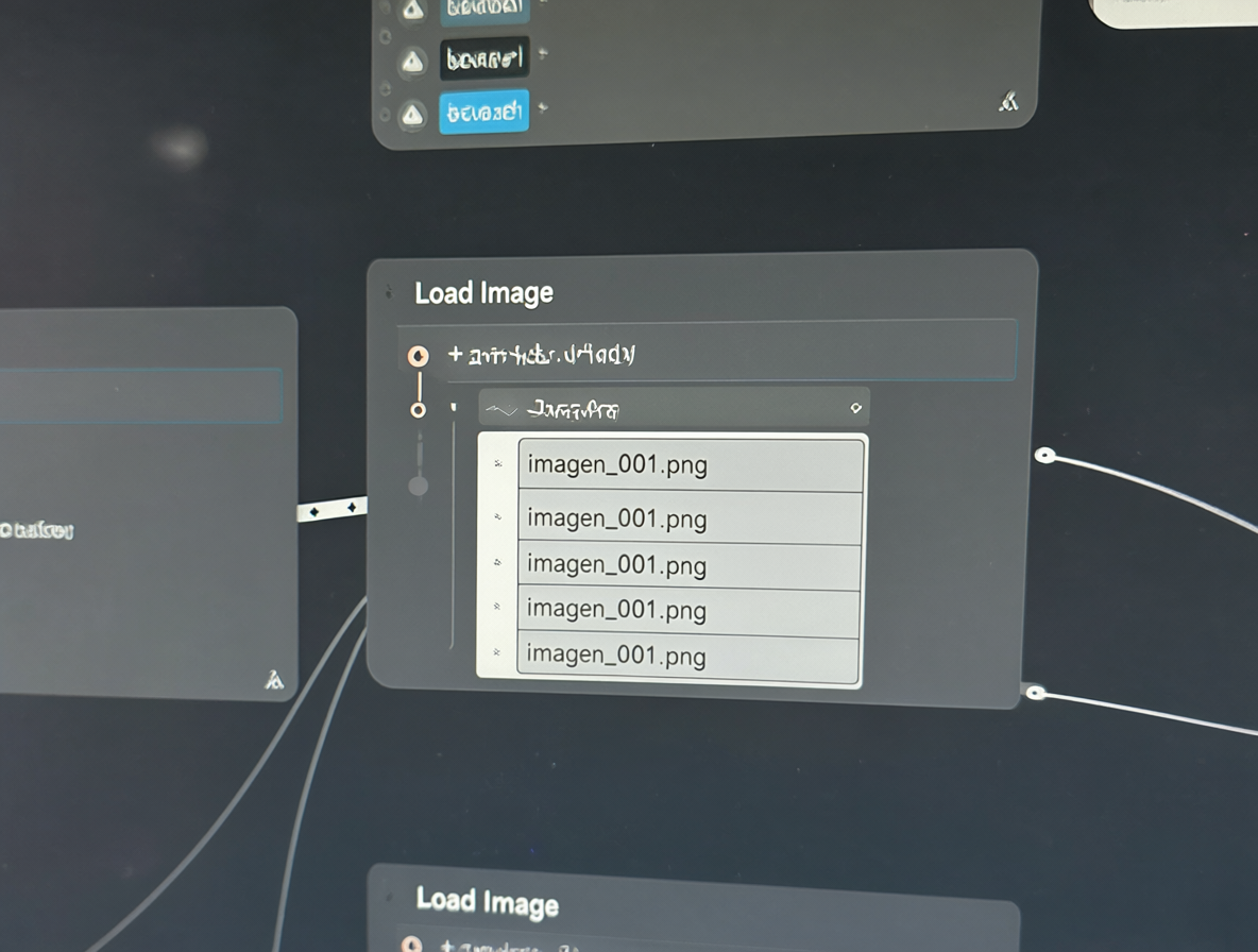 Interfaz de ComfyUI con el nodo Load Image y su lista de archivos sin miniaturas.