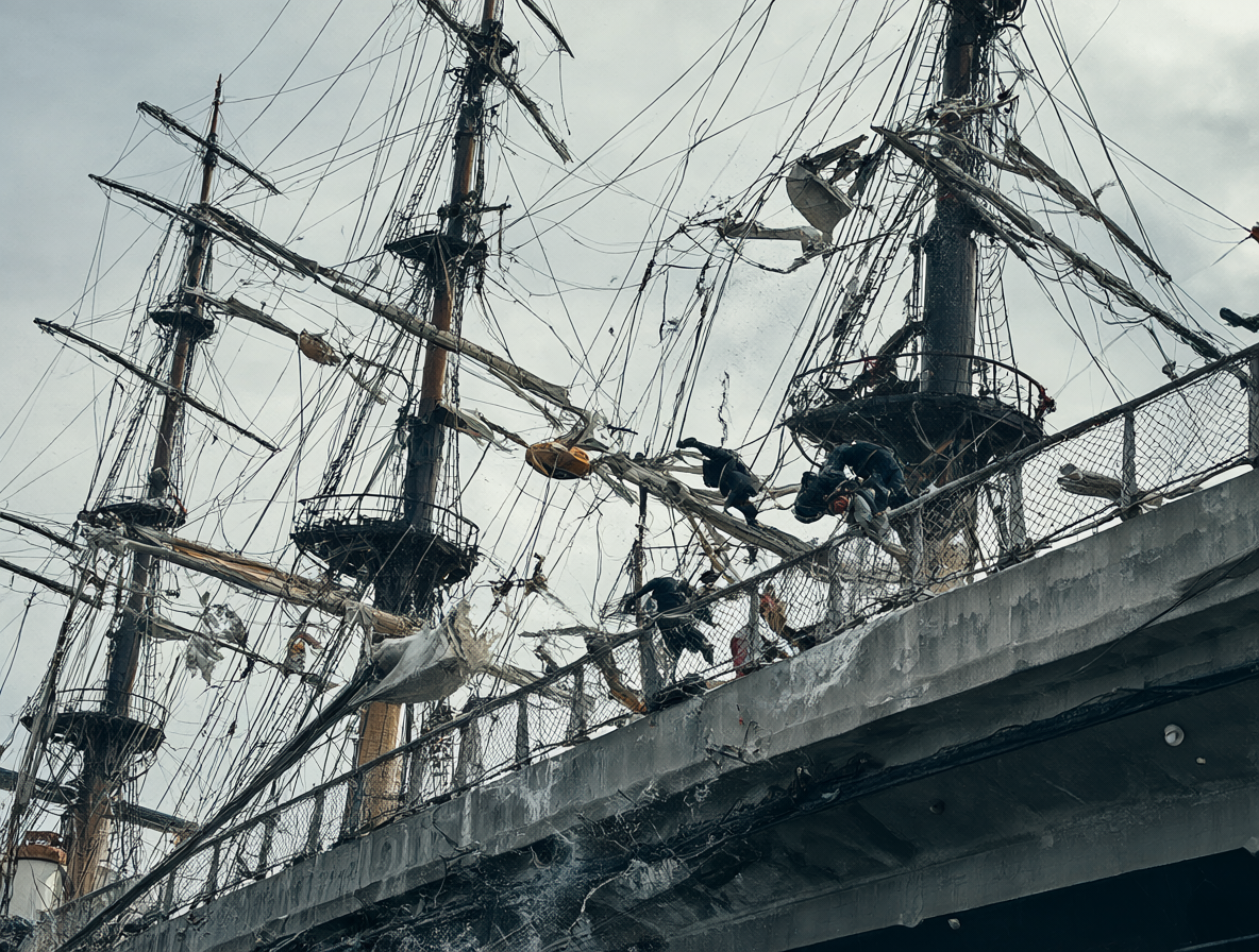 Los mástiles del barco chocando con el puente