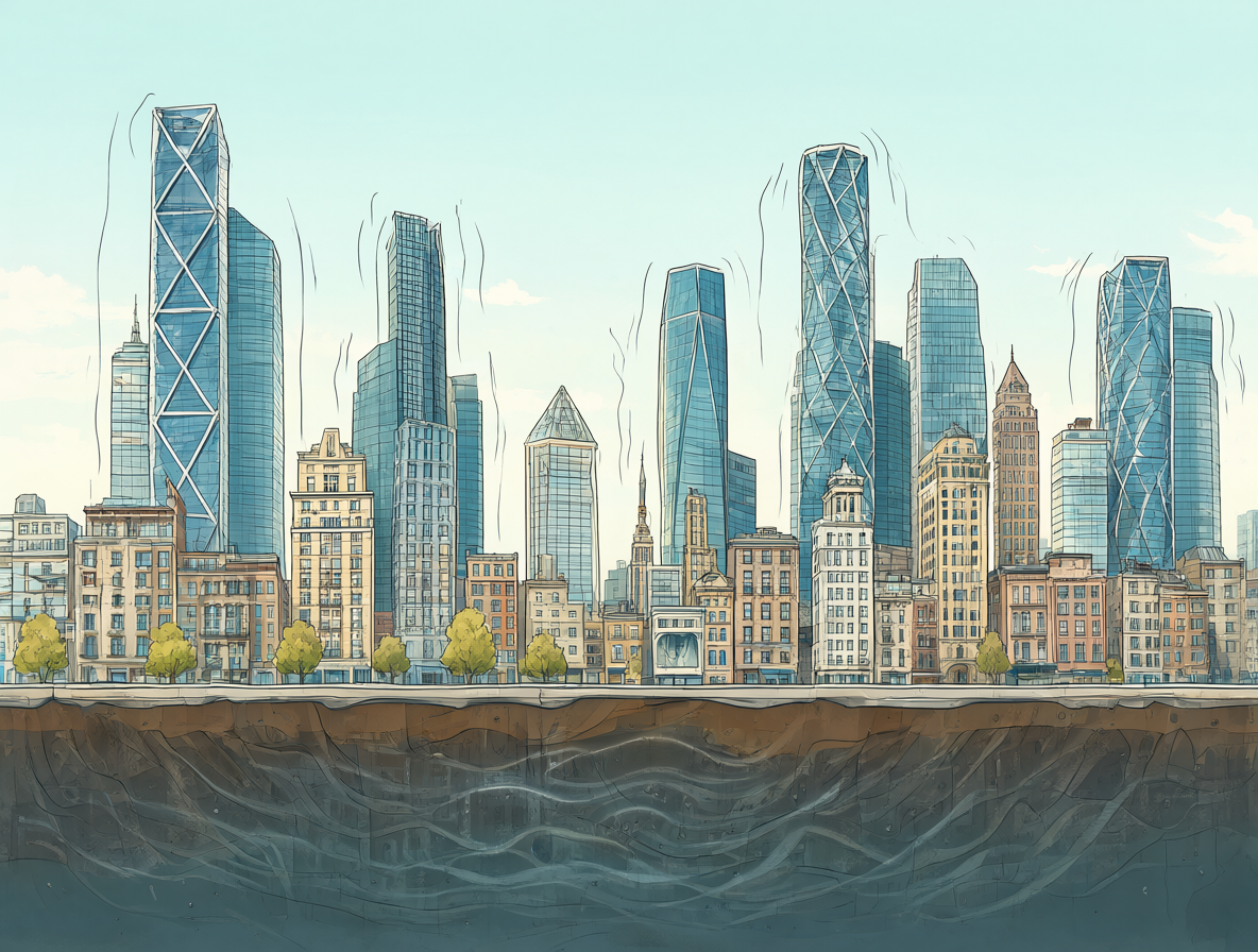 Vista de Nueva York con edificios sacudidos por un terremoto y ondas geológicas subterráneas