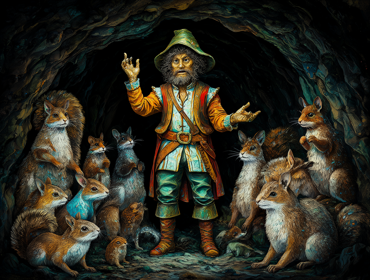 Animales peludos y un pict en una cueva surrealista