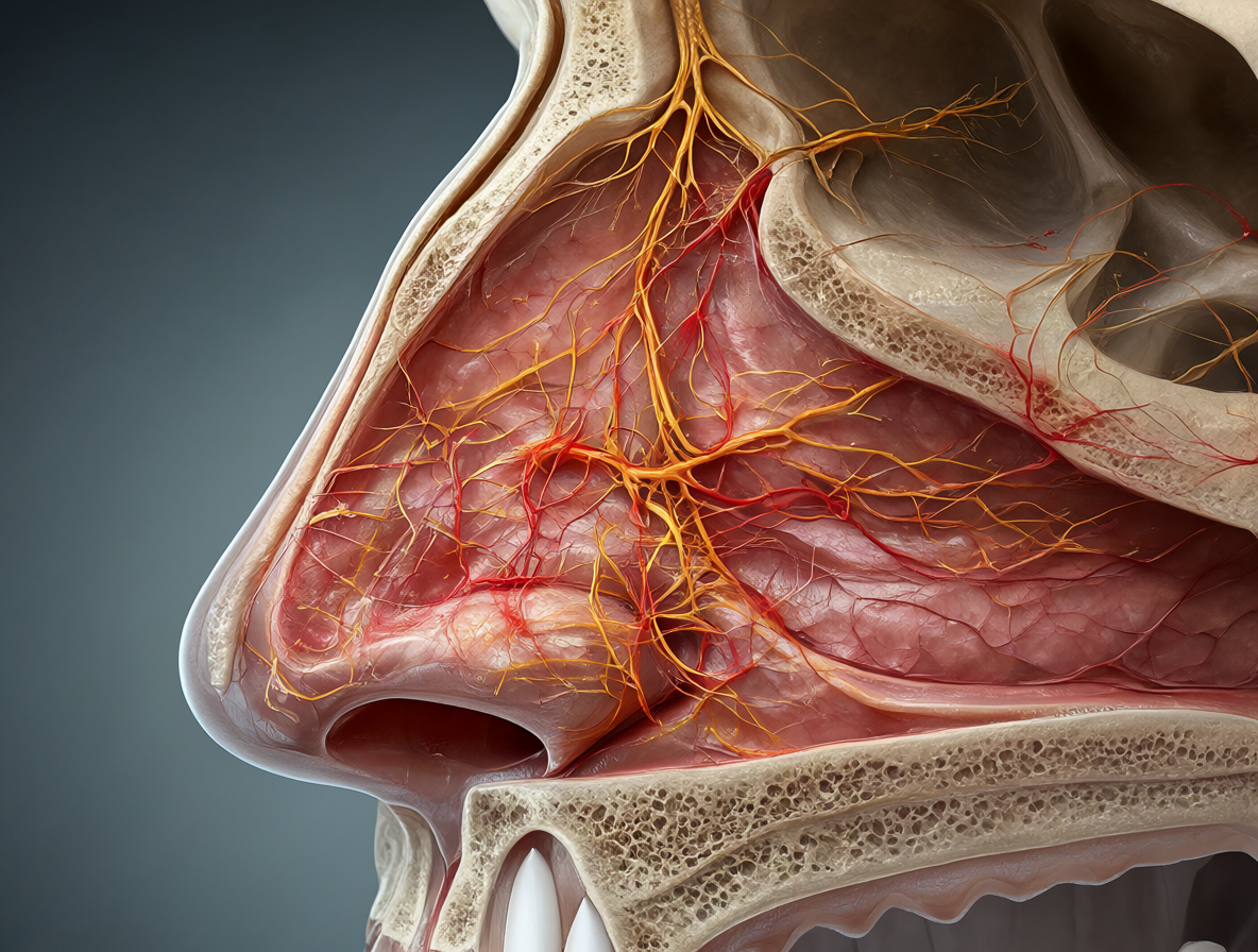 Diagrama médico detallado del interior de una nariz humana, centrado en los nervios y tejidos de la punta