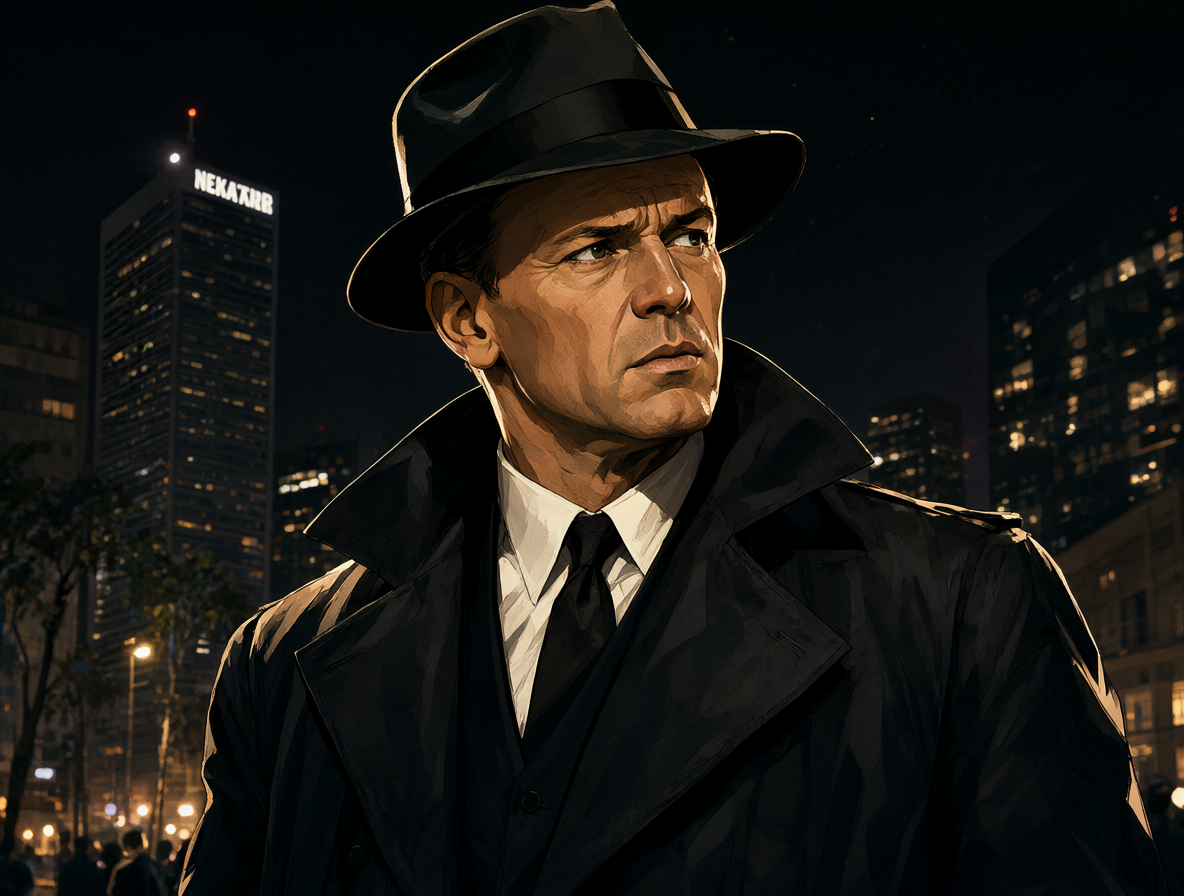 Retrato cinematográfico de Frank Sinatra frente al edificio Nakatomi Plaza.