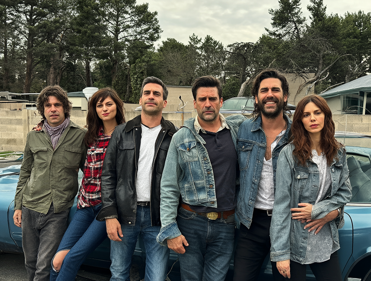 Foto del elenco de la película junto a un coche clásico.
