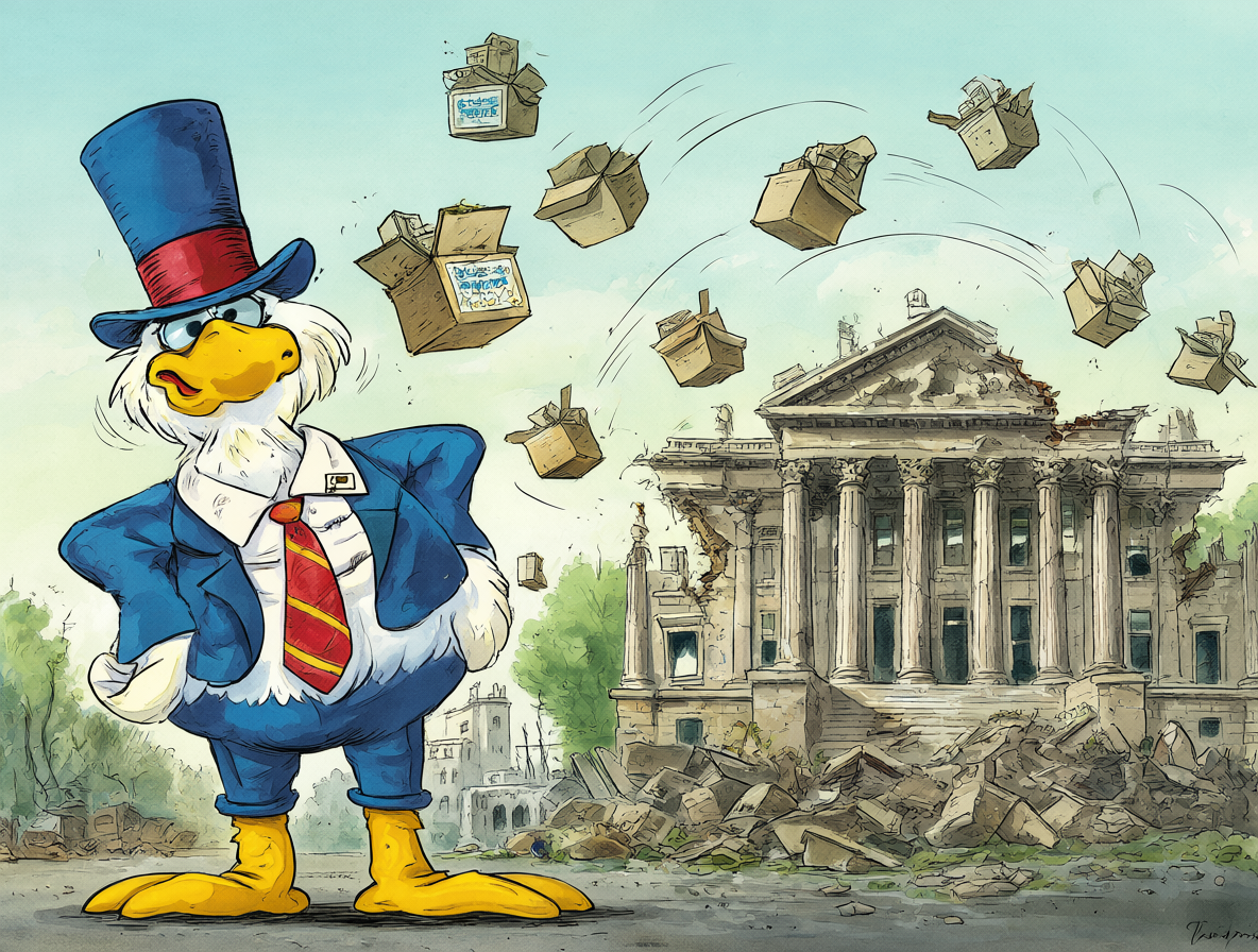 Fotografía de Foghorn Leghorn con traje político y cajas rotas de la marca ACME en un entorno urbano.