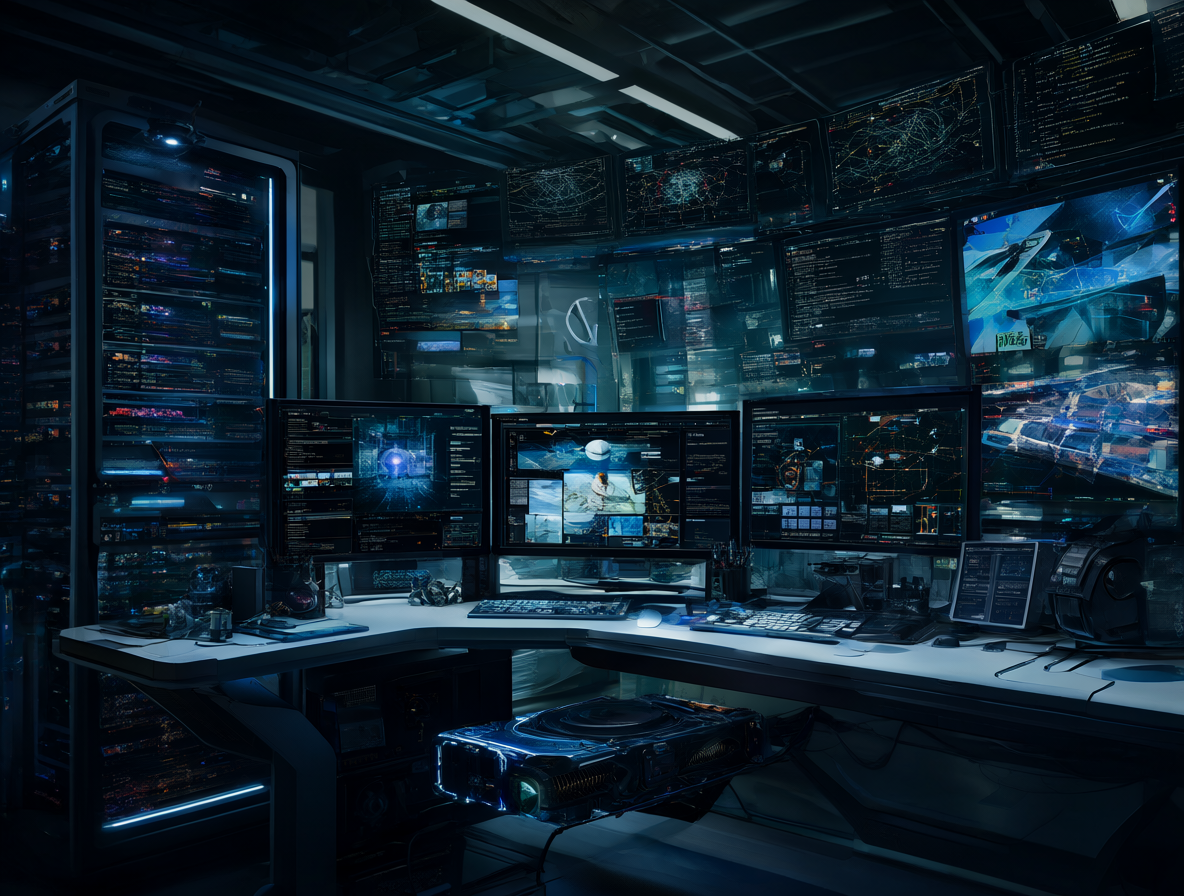 Un espacio de trabajo futurista con un servidor y una computadora potente rodeados de monitores mostrando código y simulaciones complejas.