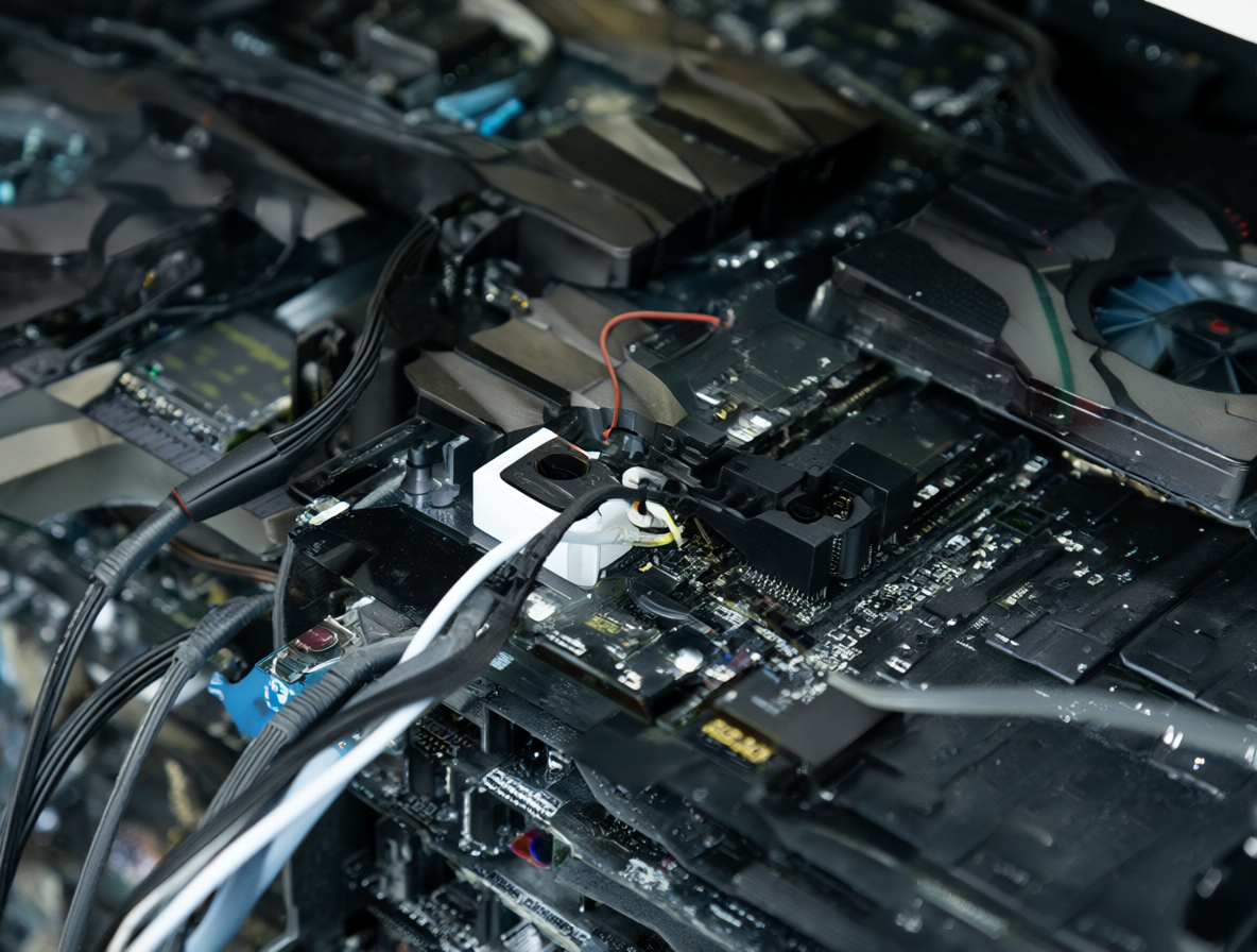Un primer plano detallado de una GPU actuando como un nodo de procesamiento para modelos locales con cables de datos conectados.