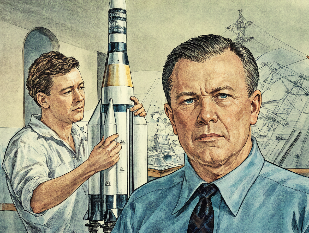 Dos ingenieros nazis clave, von Braun y Rudolph, representados junto a tecnología de cohetes y documentos técnicos.