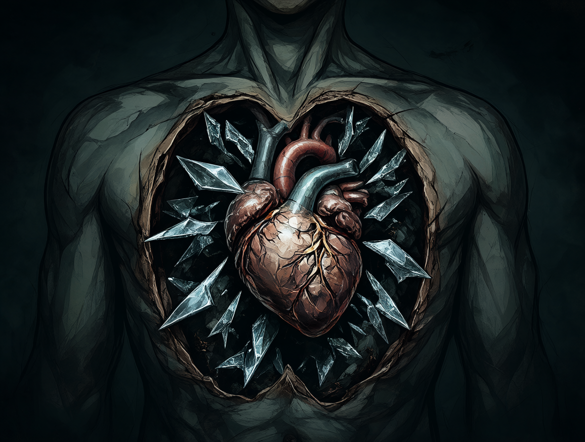 Ilustración abstracta de un torso abierto mostrando astillas de cristal clavadas profundamente dentro del tejido cardíaco, contrastando la luz afilada del dolor con la oscuridad de la insensibilidad.