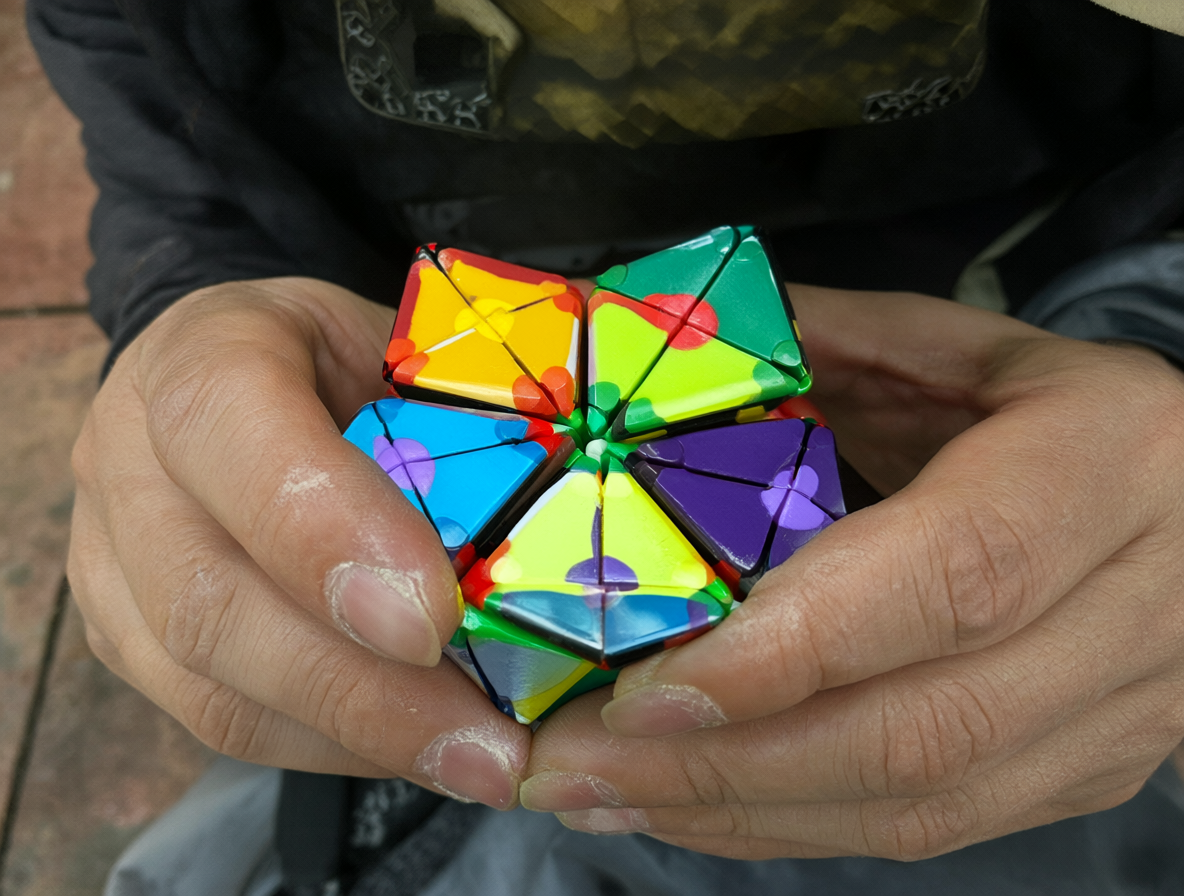 An instructional image showing the correct way to assemble a Pyraminx after fixing swapped centers.