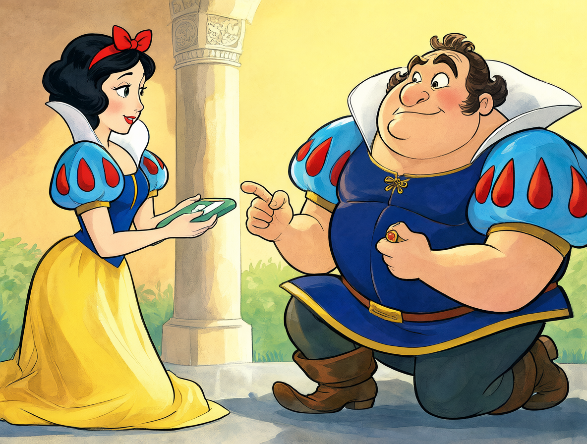 Ilustración de una propuesta de boda entre Lord Farquaad y Blancanieves